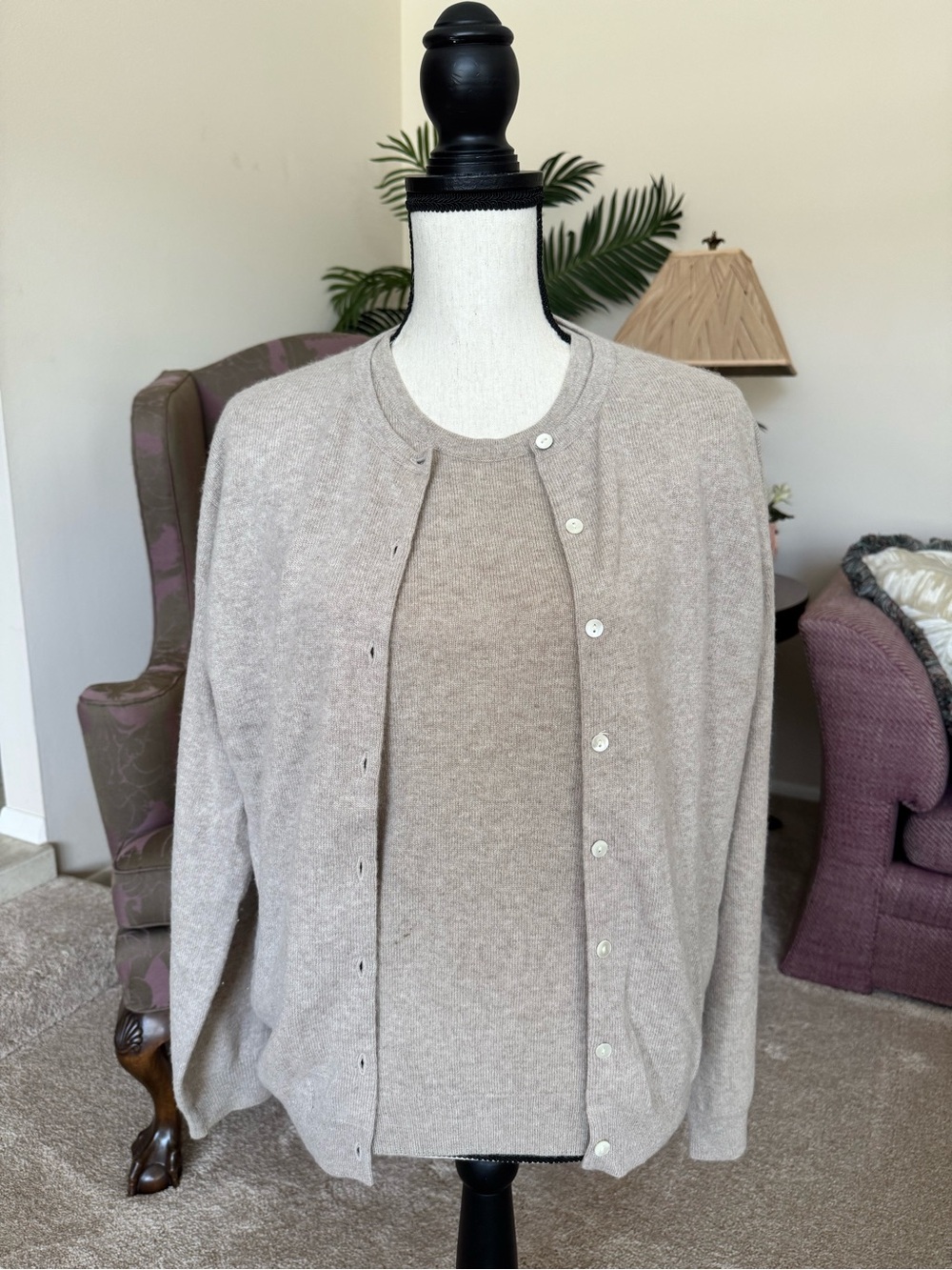 Jones New York Taupe Knit Shell and Button Cardigan Set